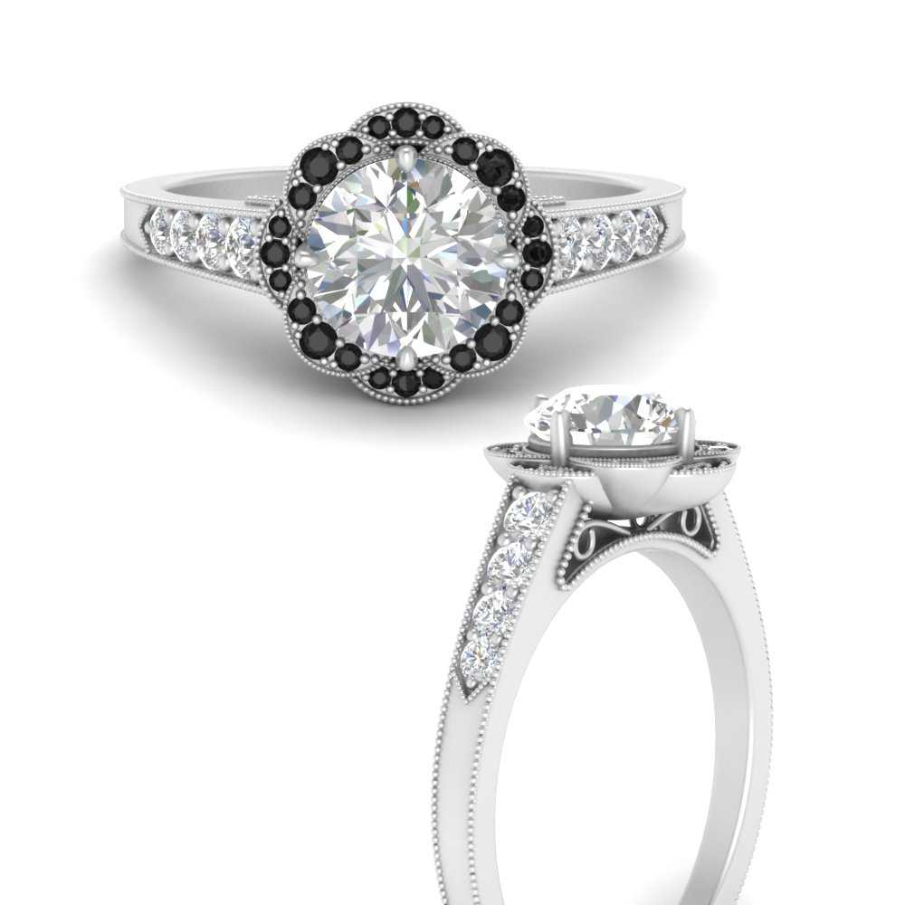 floral halo round black diamond engagement ring in white gold FD10022RORGBLACKANGLE3 NL WG 1